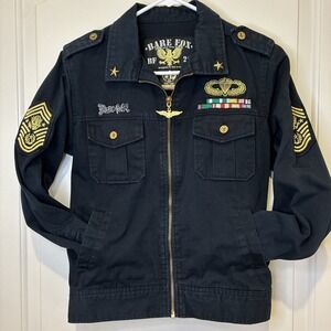 Bare Fox Kids Military Jacket Black Cotton USAF Patches Full Zip Size M 12-14